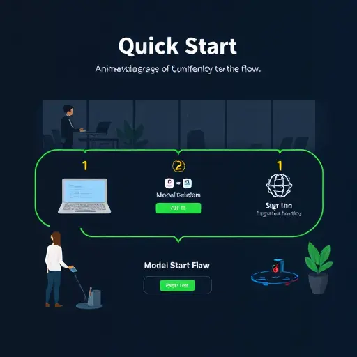 (#171717) with green accents (#94d3a2), step icons (sign in, model selection, prompt)