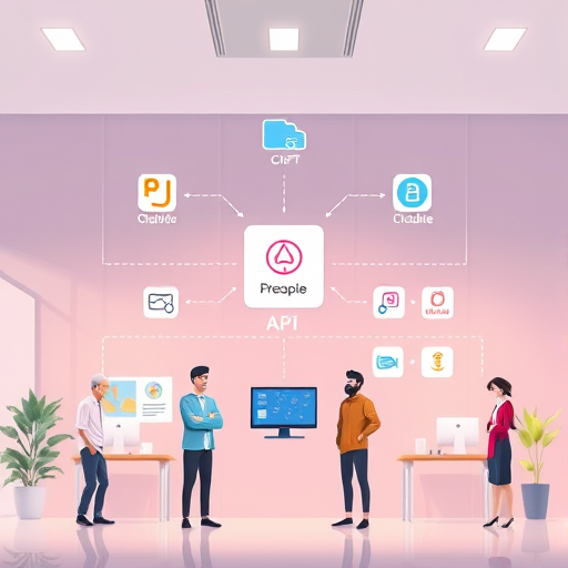 animated architecture diagram, app connecting to unified AI API gateway (GapGPT)
