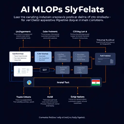 dark-themed illustration of an AI MLOps pipeline with offline benchmarks, CI/CD for models, human evaluation checkpoints, and online A/