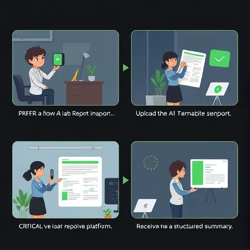 step-by-step storyboard illustration showing a user photographing a lab report, uploading to an AI platform, and receiving a structured summary, dark theme UI, green accents, minimalistic, text-free
