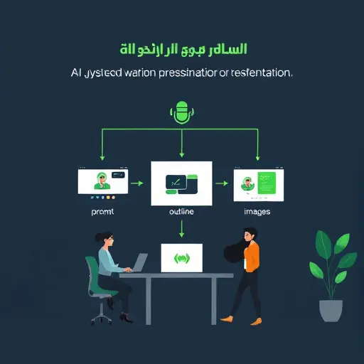 clean illustration of AI-assisted presentation workflow: prompt -> outline -> slides -> images ->