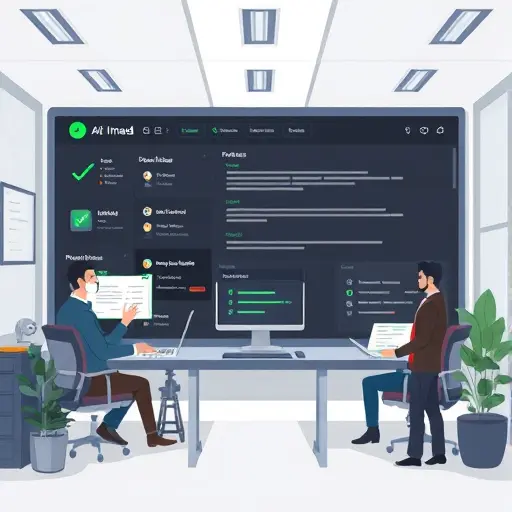 illustration of AI-assisted editing, checklist icons, paragraph blocks being refined, dark UI with green highlights, clean minimal cartoon style, no text