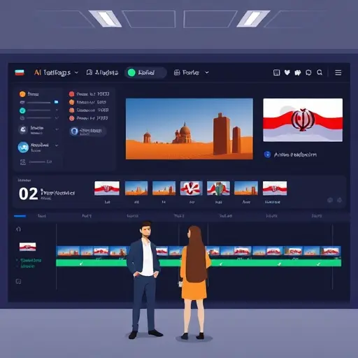 animated illustration of an AI video editor dashboard in a dark theme, showing a timeline with auto captions, noise reduction icon, and smart scene cut markers;;