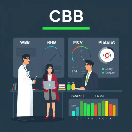 clean infographic style illustration of CBC parameters (WBC, RBC, Hb, MCV, Platelet) with color-