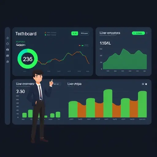 stylized animated dashboard showing liver enzymes (AST/ALT) and lipid profile (LDL, HDL, TG)