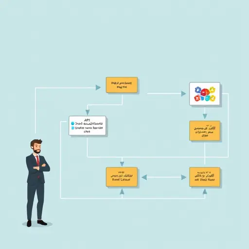 detailed workflow chart illustration showing API request handling: input prompt, parameter configuration, error detection, retry logic, fallback models; flows between blocks;; no text