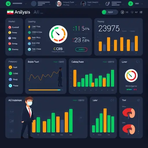 dashboard-style illustration of AI blood test analysis results on dark UI: icons for CBC, glucose, lipids, liver, kidney; green check marks and orange/red flags;