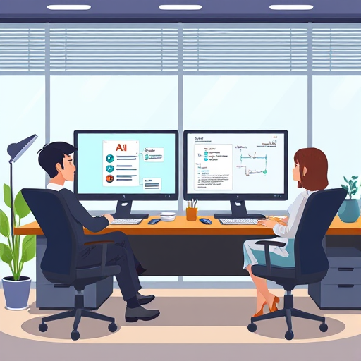 animated developer's desk with dual monitors, one with AI API documentation open (JSON endpoints, code)