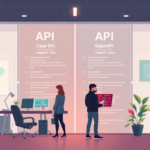 cartoon style API documentation comparison chart, OpenAI docs vs.