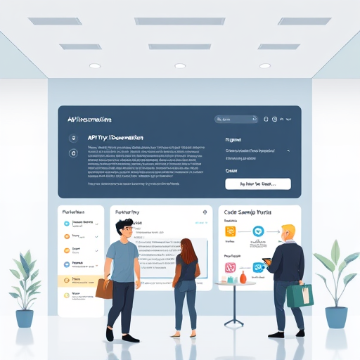clean UI illustration of an API documentation portal, animated navigation menu, code sample area, API try-