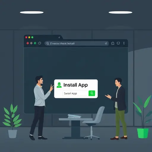 step-by-step PWA installation illustration on a browser window: clicking three-dot menu, selecting 