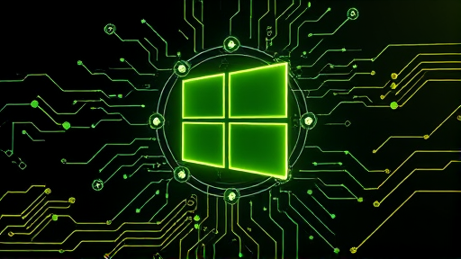 abstract animated graphic showing neural network patterns, gears and circuit diagrams merging with a Windows logo, soft accent green and dark background, no text