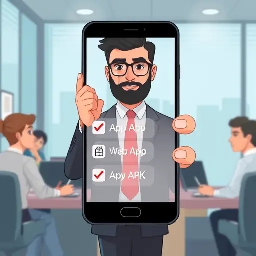 cartoon style illustration of a user choosing between app, web-