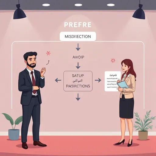 cartoon-style workflow diagram showing setup, misdirection, punchline with AI-