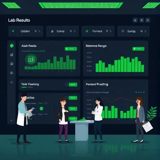abstract illustration of lab results input fields with units and reference ranges, animated dashboard style, green accent, dark theme, text-free
