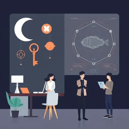 minimalist illustration showing traditional dream symbols on one side (moon, key, fish); split-screen design; dark theme;; text-free;