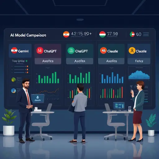 illustration of an AI model comparison dashboard where a user switches between Gemini, ChatGPT, and Claude, dark tech UI, clean icons, no text