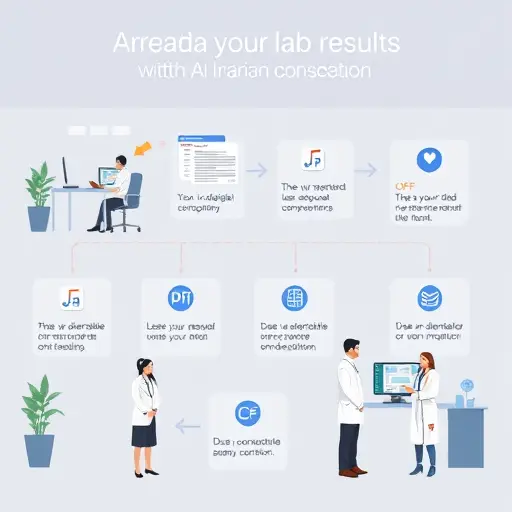 step-by-step flow illustration for analyzing lab results with an AI assistant, icons for PDF, OCR, context, interpretation, and doctor consultation, clean dark theme, text-free