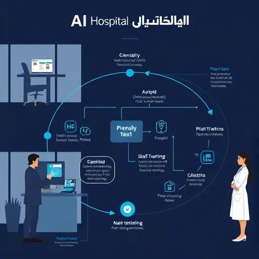 process diagram illustration for hospital AI implementation: data readiness, API integration (HL7/FHIR icons), pilot metrics, staff training, MLOps loop, dark Iranian themed UI, clean, text-free