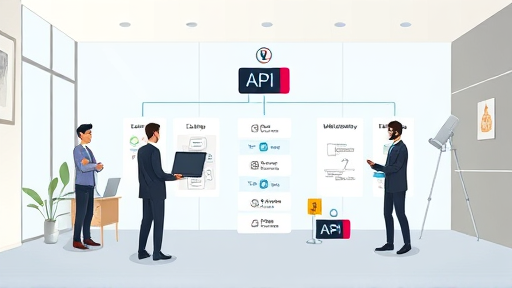 modern API architecture diagram illustration showing client, GapGPT unified API, and backend AI models (OpenAI, Anthropic, Gemini), abstract cartoon style, clean, text-free