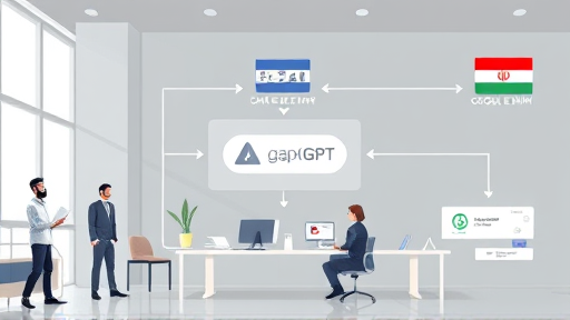 modern API architecture diagram illustration, animated data flow visualization from client app to GapGPT API to OpenAI and Google Gemini, clean tech look, text-
