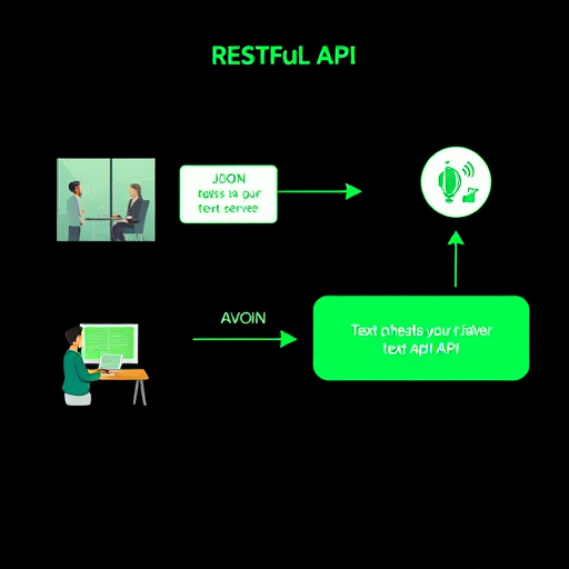 modern RESTful API flow diagram for text-to-speech, with animated arrows showing JSON request to API server and audio response, minimalist green-