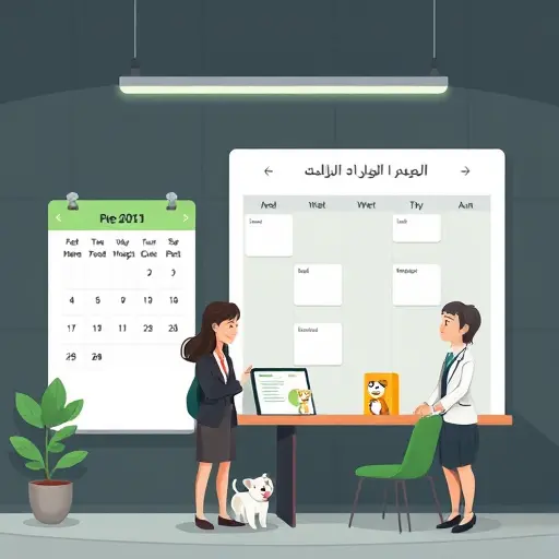 cartoon style calendar and reminder board for pet care tasks (feeding, grooming, vet check)