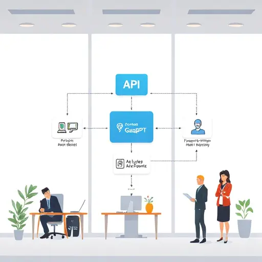 modern API flow diagram, showing app layers connecting to GapGPT AI endpoint, cartoon style, minimalist, Iranian digital color palette, text-free