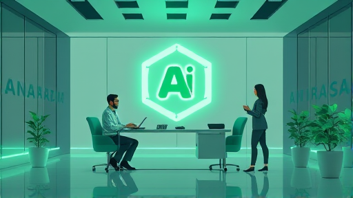 abstract illustration of branding and logo design using AI, geometric shapes, glowing green color from theme, clean tech style, no text