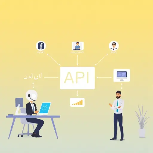illustrated API integration diagram showing a chatbot, a web app, and a mobile app sending requests to a centralized GPT-4 Turbo API, animated, abstract, text-free