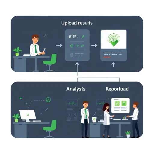 step-by-step illustration of a user uploading lab results to an AI platform, icons for upload, analysis, and report download, dark UI with green accents, minimal, text-free