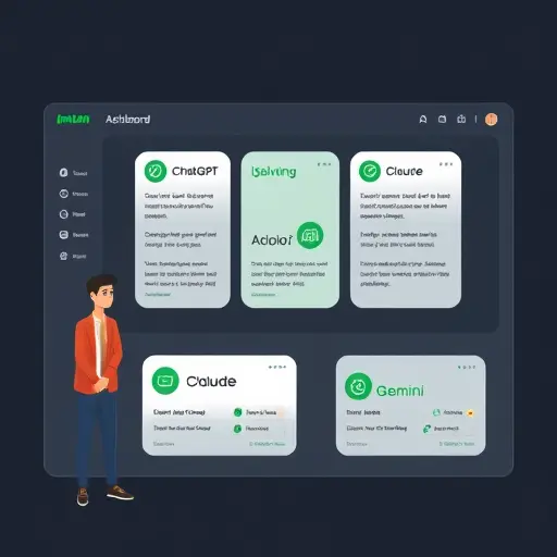dashboard-style illustration showing three AI model cards labeled conceptually (ChatGPT, Claude, Gemini)
