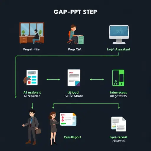 cartoon style flowchart of the step-by-step process: prepare file, login to GapGPT, choose AI assistant, upload PDF/photo, request interpretation, save report; dark theme, green accents, minimalist icons, no text