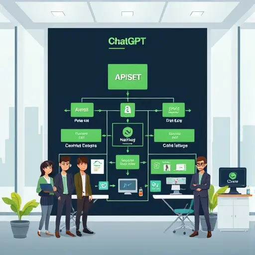 modern API architecture diagram for ChatGPT integration, data flow from website frontend to AI backend and back, cartoon style, clean tech illustration, accent greens, text-free