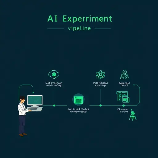 clean flowchart illustration of AI experiment pipeline showing three stages: data preparation, model training, and evaluation;