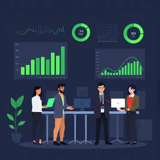 abstract illustration of model evaluation metrics like accuracy, F1-score, ROC curves represented by charts and gauges; dark background, green and blue accents, minimalist design, no text