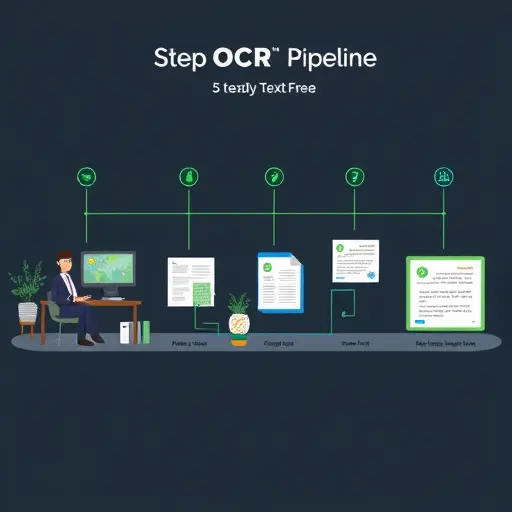 animated step-by-step OCR pipeline illustration: scan to preprocess (deskew, denoise)