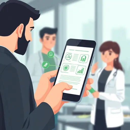 smartphone scanning a lab report, animated step-by-step overlay icons (upload, analyze, download)