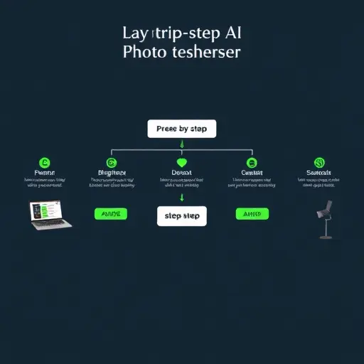 step-by-step AI photo restoration flowchart, icons for brightness, denoise, upscale, sharpen, color correction, minimal dark theme, green accents, text-free
