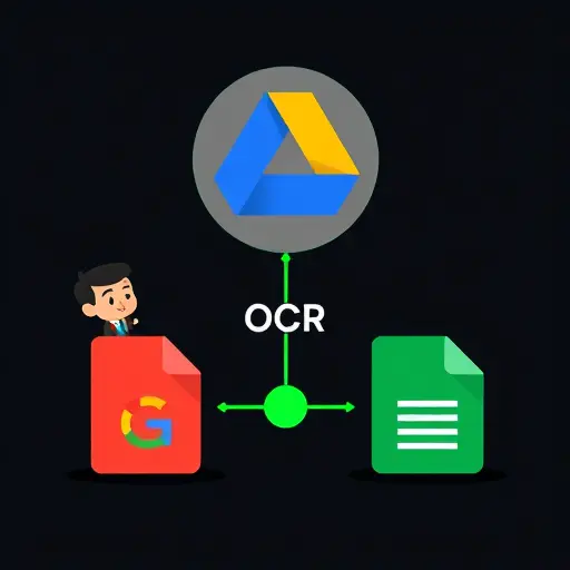 clean illustration of Google Drive and Google Docs icons connected with OCR symbol, dark background, accent green highlights, text-free