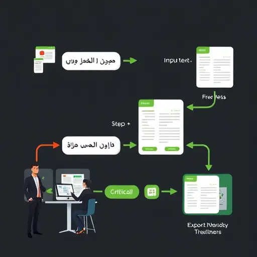 clean animated flowchart showing step-by-step AI translation process: input text, set language and tone, output bilingual table, export to DOCX;