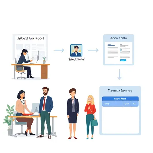 step-by-step flow diagram style illustration showing upload lab report, anonymize data, select AI model (ChatGPT, Claude, Gemini), view translation summary, cartoon style, clean, text-free