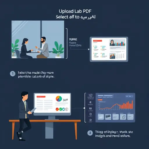 cartoon-style step-by-step illustration: uploading a lab PDF to an AI platform, selecting model (icons only)