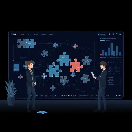 animated illustration of an AI assistant solving puzzle pieces on a dark-