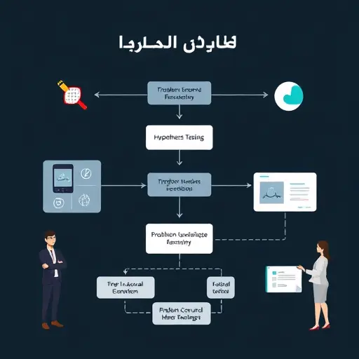 animated logical flowchart on a dark background showing problem decomposition and hypothesis testing steps, sleek tech icons, minimalist, no text