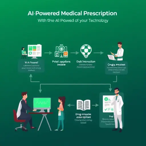clean animated flowchart illustrating AI-powered medical prescription pipeline: patient symptoms intake, data normalization, LLM analysis, drug interaction check, draft prescription, physician approval;