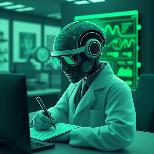 abstract illustration of AI analyzing blood test results, neural network patterns over lab report sheets, green accent color palette matching #94d3a2