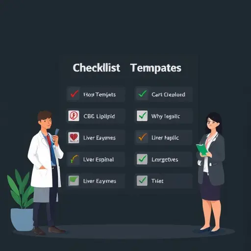 clean animated checklist illustration of prompt templates for blood tests, icons for CBC, lipid, HbA1