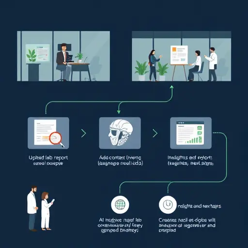clean infographic-style flow showing steps: upload lab report, add context (age, gender, meds), AI analysis, insights and next steps, minimalistic icons, dark theme with green highlights, no text