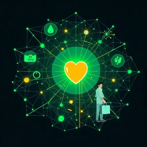 abstract representation of AI in healthcare, neural network patterns merging with medical icons like blood drop and heart, dark background, green accent, minimalist illustration, no text
